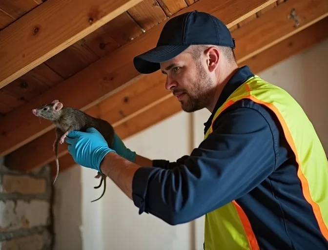 Technician inspecting a roof cavity for a dead rat in North Shore